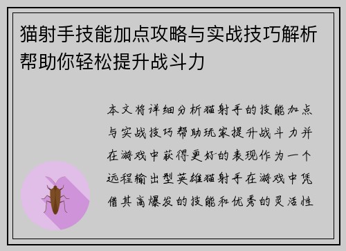 猫射手技能加点攻略与实战技巧解析帮助你轻松提升战斗力